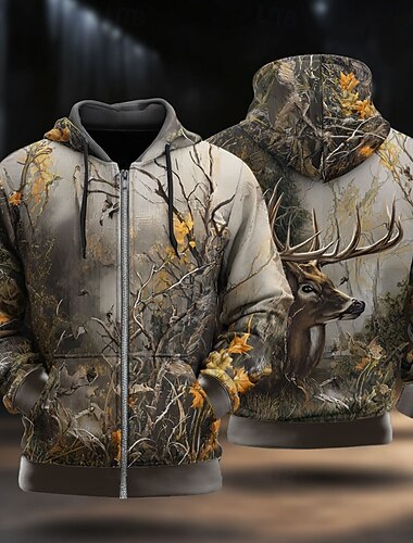  Homens camuflagem Veado Moletom Jaqueta Moda Diário Com Capuz Férias Caça Amarelo Azul Com Cordão Zíper Outono Inverno Designer