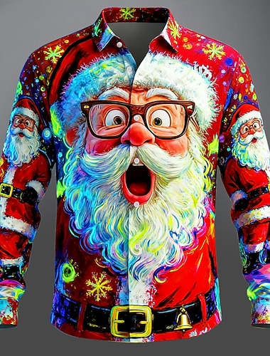  عيد الميلاد المجيد رجالي بابا نويل الوجه الإنساني توهج النيون قميص زر حتى القميص كم طويل مضحك الأماكن المفتوحة مناسب للعطلات الربيع الخريف طوي طباعة ثلاثية الأبعاد قميص بياقة أحمر