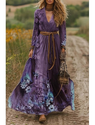  女性用 マキシドレス A ラインドレス プリーツドレス フィット＆フレアドレス ボヘミアン デート お出かけ レギュラー フラワー グラフィック トライバル 長袖 Ｖネック パープル グリーン 春 秋 冬