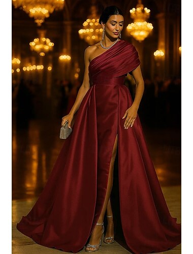  Ligne A Traîne Balayage Robe de Soirée Robe de bal avec surjupe Tenue de soirée Élégant Sans manches Une Épaule Formel Mariage Satin Extensible avec Froncé Surjupe