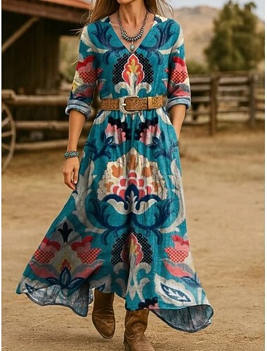  Per donna Abito maxi Abito a trapezio Vacanza Casual Boho Uscire Spiaggia Vestibilità regolare Floreale Grafico Paisley Manica Lunga Scollo a V Blu Viola chiaro Marrone Verde Primavera Autunno Inverno