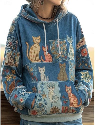  Γυναικεία Φούτερ πουλόβερ με κουκούλα και πουλόβερ Γραφική Γεωμετρικό Γάτα Πανκ Ενεργό Βίντατζ Μακρυμάνικο Με Κουκούλα Κανονικά μπλουζάκια Δρόμος Καθημερινή Ένδυση Στάμπα Μπροστινή τσέπη Θαλασσί