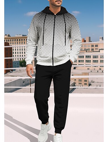  Jul Herr Huvtröja Träningsoverall Hoodie med dragkedja Snörning Fickor Geometrisk Byxor Huvtröja Collegetröja Höst Svart med Vitt Elastan Gymträning casual Basket Opressade byxor Långärmad Sport