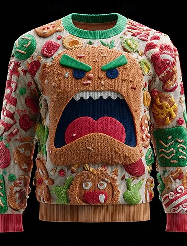  Ruma joulupaita Miesten Piparkakut miehet Neulepusero Knitwear Pyöreäkauluksinen Vapaa-aika Loma Päivittäin Festivaali 3D-tulostus Pidä Lämmin Pitkähihainen Kevät Syksy Talvi Purppura Oranssi Apila