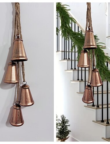 ヴィンテージ鋳鉄製クリスマスベル、手作り吊り下げ風鈴、大きな吊り戸 &金色仕上げの窓飾り、クリスマス用の素朴な休日の装飾、お祝いの家 &オフィスの装飾