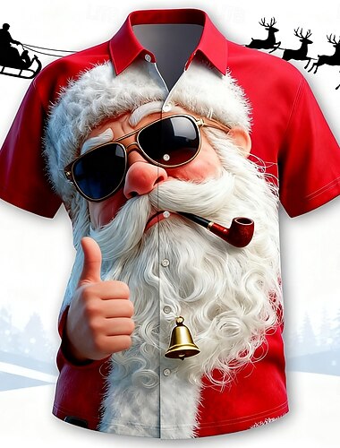  عيد الميلاد المجيد رجالي بابا نويل الوجه الإنساني عيد الميلاد مضحك قميص زر حتى القميص كم قصير مضحك الأماكن المفتوحة مناسب للعطلات الصيف الربيع طوي طباعة ثلاثية الأبعاد قميص بياقة أحمر 1 الأحمر 4