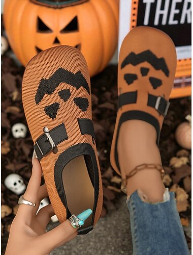  női halloweeni tök alakú kötött lapos cipők csattal – lezser bebújós mokaszinok ünnepi bulikra, utcai stílusra és őszi ünnepségekre