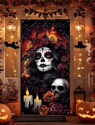  Halloween Dörrskydd Utomhus banderoller Skelett Mexiko Mörk punkgotik Fest Utomhus Bakgrundsfotografering Ytterdörr Väggveranda Dekorationer Vägg Dörr Bakgrund