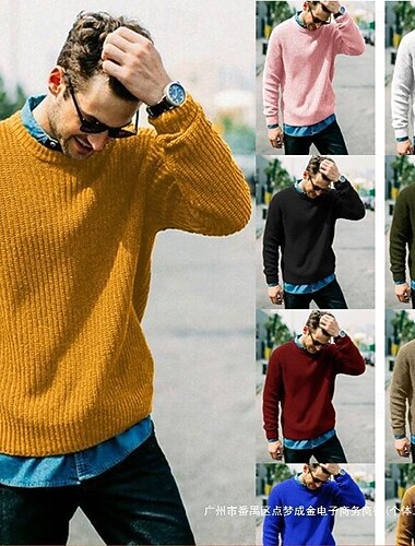  Herren Pullover Gerippt Stricken Normale Oberteile Gestrickt Schmale Passform Einfach Rundhalsausschnitt Strickware Zeitgenössisch Lässig Alltagskleidung Bekleidung Herbst Natürliches Gelb Schwarz S