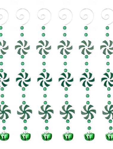  6 stk. julepynt av sukkerstang, røde og hvite kjærligheter på pinne-hengende dekorasjoner med krøllete bjeller &perler, festlige godteripynter til juletrepynt