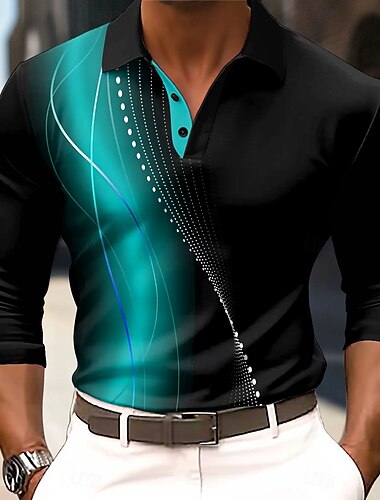  Męskie Geometryczny Tenké Gra polo Długi rękaw Koszulki polo Koszule z kołnierzykiem Biznesowy swobodny Biznes Athleisure Dzienne zużycie Druk 3D Guziki Wiosna Jesień Zima Błękit jeziora Czerwony