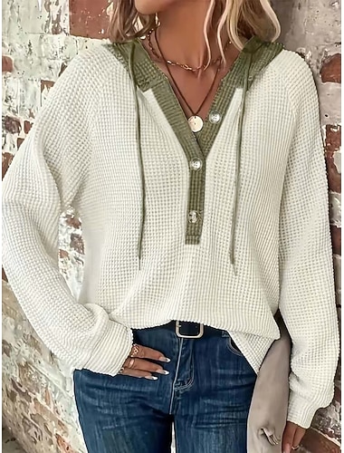  Damen Bluse Patchwork Knöpfe Einfarbig Stilvoll Lässig Langarm Mit Kapuze Normale Oberteile Täglich Schwarz Weiß Rosa Grau Frühling Herbst Winter