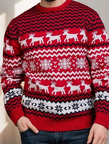  Jul Herre Hver Geometrisk Pullover genser Fair Isle genser Strikketøy Crewneck Fritid Feriereise Daglig 3D-utskrift Hold Varm Langermet Vår Høst Vinter Rød -1 Rød -2 Rød -3