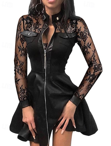  Damen Minikleid schwarzes kleid Spitzenkleid Lederkleid Mode Modern Club Ferien Ausgehen Normale Passform Einfach Langarm Stehkragen Schwarz Frühling Herbst