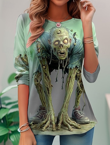  Halloween Maglietta Donna T Shirt Teschi Grafica Moda Vintage Elegante Manica Lunga Collo Giro Regolare Tops Quotidiani Weekend Stampa Giallo Blu Viola Verde Estate Primavera Autunno