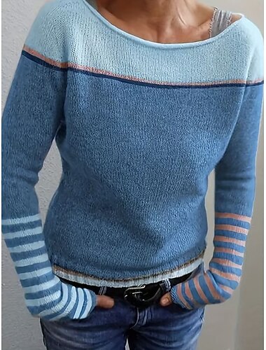  Per donna Felpa Casual Morbido A righe A Coste Scollo a Barca Lavorato a maglia Manica Lunga Top Regolari Maglia All'aperto Quotidiano Weekend Blu Viola Autunno Inverno