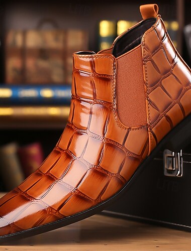  Botines Chelsea marrones con estampado de cocodrilo para hombre: botines de piel sintética con paneles laterales elásticos, botas de vestir de estilo vintage para oficina y noche.