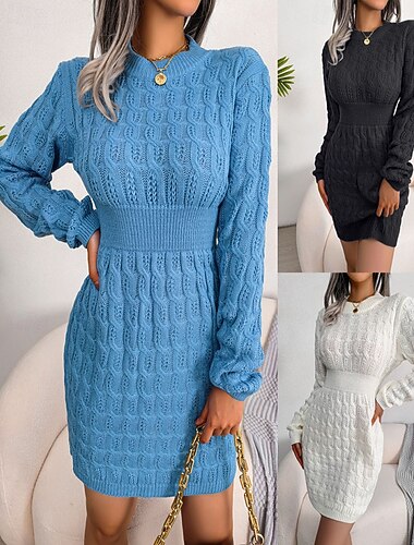  Damen Minikleid Pulloverkleid Bodycon Etui-Kleid Mode Modern Täglich Wochenende Normale Passform Einfach Langarm Rundhalsausschnitt Schwarz Weiß Blau Frühling Herbst