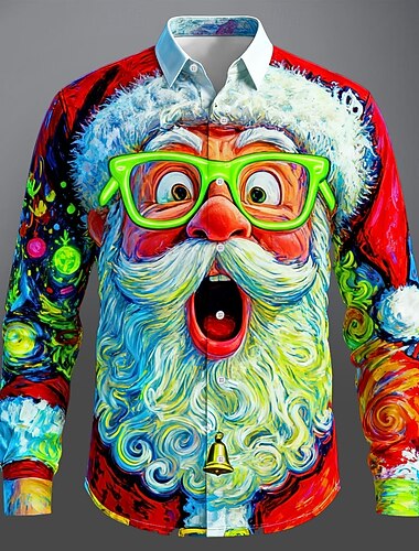  Новогодняя тематика Муж. Дед Мороз Улыбающееся лицо Неоновое свечение Рубашка Кнопка рубашка Длинный рукав Веселая на открытом воздухе Праздники Весна Осень Отложной 3D печать рубашки с воротником