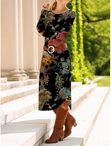  Per donna Abito Midi Tubino Abito a Tubino Casual Quotidiano Vestibilità regolare Grafico Paisley Astratto Manica Lunga Girocollo Rosso Blu Verde Primavera Autunno Inverno