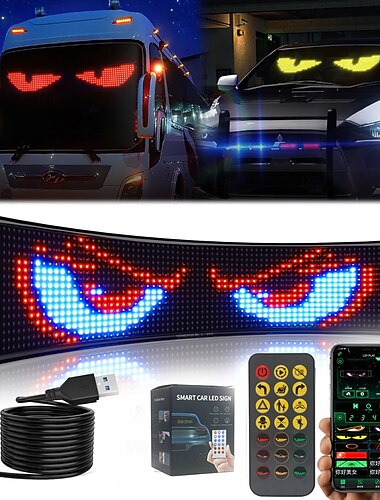  LED-ljusremsor med hög ljusstyrka och "Devil Eyes" för bilar/lastbilar/SUV:ar - 23,6x4,73 mm anpassningsbar vindrutedekoration med appkontroll, IP68 vattentät, USB-driven