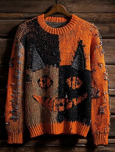  Hombre Suéter de punto Estriado Tejer Tops regulares De Punto Estampado Calabaza Cuello Barco Víspera de Todos los Santos Vacaciones Ropa Cotidiana Ropa hombro caído Otoño Invierno Calabaza S M L