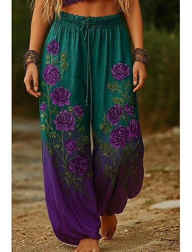  Womens Pellavamaista Culottes Leveälahkeiset Leveälahkeiset Chinos Lomalle Vintage Etninen Tyyli Kokopitkä Korkea Vyötärö Kukallinen Graafinen Nauhakiristyksellä Patches Painatus Nopea Kuivuminen