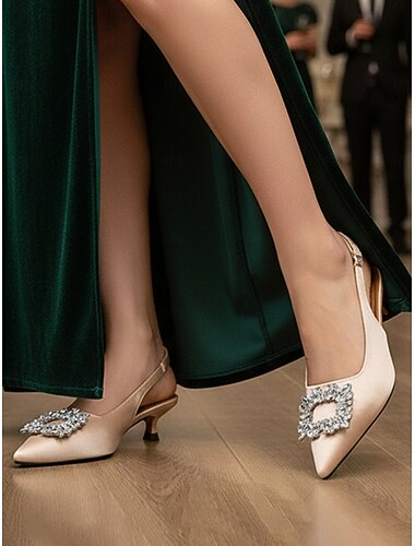  női lila szatén slingback cica sarkú cipő strasszos csattal - elegáns koktélpartikra és alkalmakra