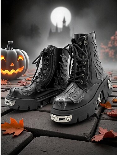  Gotiska platåsneakers med metalldetaljer för kvinnor - punkiga, grova snörskor för Halloween-fester