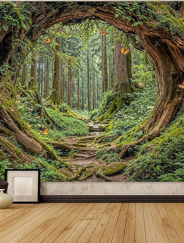  vakker grønn skog tre gren sirkel hull landskap hengende billedvev veggkunst stort billedvev veggmaleri dekor fotografi bakgrunn teppe gardin hjem soverom stue dekorasjon