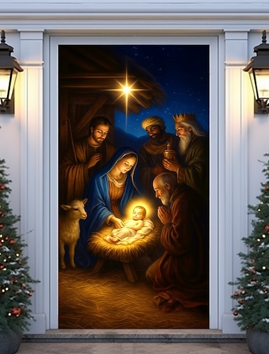  クリスマス・ドアカバー・降誕祭のシーン・ドアカーテン・赤ちゃん付き・2025クリスマス・ドアハンギング・ホリデーパーティー・家庭装飾
