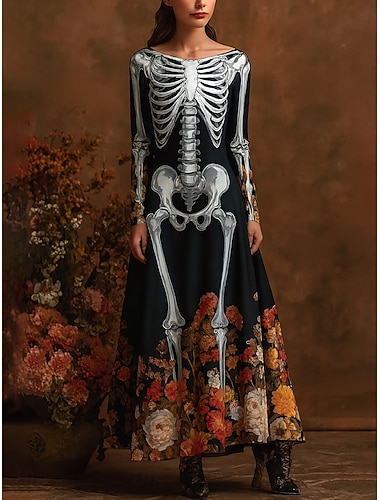Damen Skelett Maxi Kleid Schlüpfer Kleid A Linie Kleid Lässig Boho Hochzeitsgast Strand Reguläre Passform Florales Grafik Lange Ärmel Crew Neck Boot Neck Blau Purpur Orange Grün Frühling Herbst Winter   Damen Skelett Maxi Kleid Schlüpfer Kleid A Linie Kleid Lässig Boho Hochzeitsgast Strand Reguläre Passform Florales Grafik Lange Ärmel Crew Neck Boot Neck Blau Purpur Orange Grün Frühling Herbst Winter