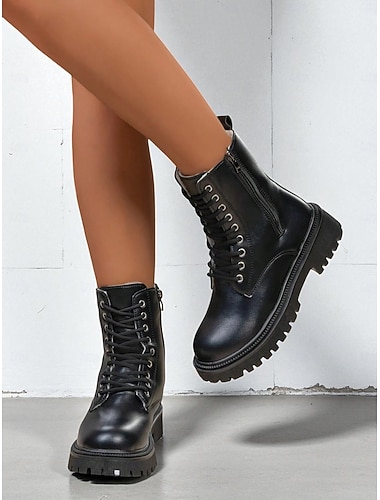 botas de combate femininas pretas de couro sintético com forro de pele sintética, botas de cano curto com cadarço para roupas de rua e casuais   botas de combate femininas pretas de couro sintético com forro de pele sintética, botas de cano curto com cadarço para roupas de rua e casuais