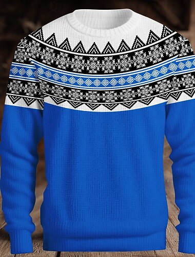  Jul Herre Fair Isle-genser Pullover genser Strikketøy Crewneck Fritid Feriereise Daglig 3D-utskrift Hold Varm Langermet Vår Høst Vinter Rød Blå Brun