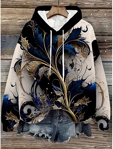  Női Pulóver Hoodie pulóver Virágos Grafika Absztrakt Alkalmi Boho Hosszú ujj Kapucni Normál felsők Utca Hétköznapi Kollázs Nyomtatott Elülső zseb Sötétkék Ősz Tél