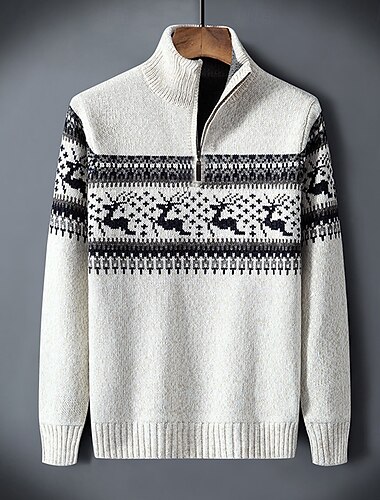  Jul Herre Grafisk Hver Fair Isle genser Glidelås genser Genser Polo Glidelåskrage Fritid Feriereise Hjem Daglig Glidelås Strikking Hold Varm Langermet Høst Vinter Svart Hvit Rød