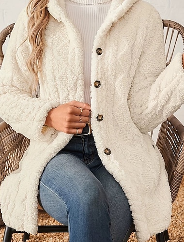 Dam Sherpajacka Bekväm Andningsfunktion Knappar Ledigt Slät Semester Gata Ledigt Dagliga kläder Enkelknäppt Lång Huva Normal Långärmad Ytterkläder Svart Rodnande Rosa Blå Vår Höst