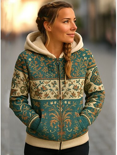  viking bohemisk vinterkappa för kvinnor varm lätt dragkedja tryck fleecefodrad elegant vintage mode geometrisk hem arbete avslappnad dragkedja normal huva lös passform långärmad ytterkläder