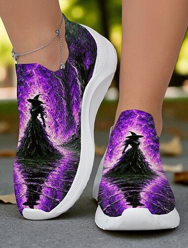  Slip-on sneakers med heksetrykk og komfortabel demping til dame, Halloween-festivalsko til kostymefest og hverdagsbruk