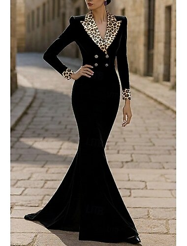  Платье-смокинг Русалка Официальные Бархат Элегантный стиль Длинный рукав В пол Лацкан Двубортный крой