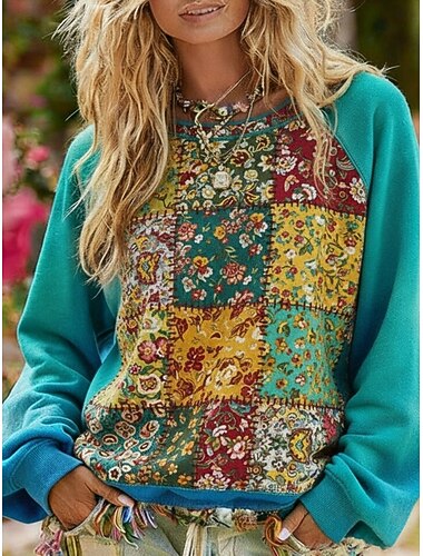 Per donna Pullover Felpe Floreale Blocco di colori Vintage Streetwear Classico Manica Lunga Girocollo Top Regolari Abbigliamento Quotidiano Casuale Stampato Blu Primavera Autunno