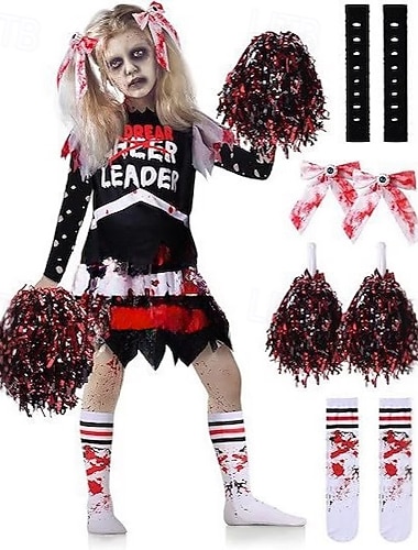  Зомби черлидеров Карнавал Платья Больше аксессуаров Костюм Ужас Страшный костюм Детские Девочки Хэллоуин Карнавал Выступление Для вечеринок Легкий карнавальный костюм Одеваемся