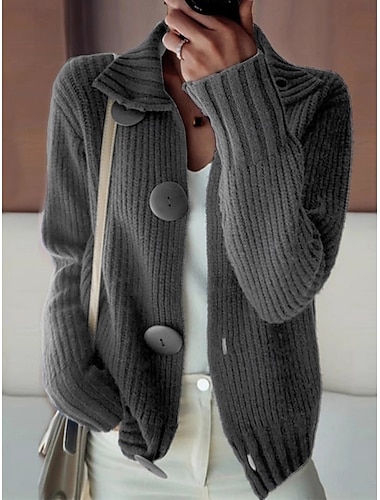  Női Pulóver Kardigán Elegáns Divat Utcai sikk Tiszta szín Állógallér Zseb Kötött Hosszú ujj Normál felsők Kötött Szabadtéri Napi Hétvége Vörösbor Sötétkék Ősz Tél