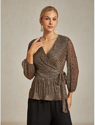  女性用 ラップトップス シアーブラウス ドレッシーなトップス エレガント パーティー スタイリッシュ 長袖 ランタンスリーブ Ｖネック レギュラートップス 結婚式のゲスト パーティーイブニングウェア セミフォーマル プリーツ メタリック ブラウン 秋 冬