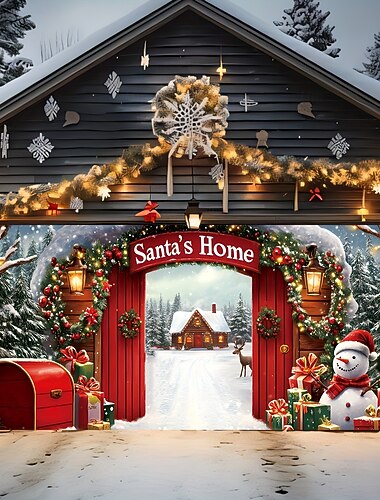  Jul utomhus garageportsskydd jultomten hem pepparkakshus ren snögubbe presentaskar julkrans stor gobeläng bakgrundsdekoration för semester utomhus garageport hem väggdekorationer