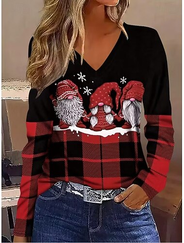 Weihnachten Damen T Shirt Grafik Geometrisch Weihnachtsmann Vintage Stilvoll Klassisch Langarm V Ausschnitt Normale Oberteile Täglich Druck Schwarz Frühling Herbst Winter   Weihnachten Damen T Shirt Grafik Geometrisch Weihnachtsmann Vintage Stilvoll Klassisch Langarm V Ausschnitt Normale Oberteile Täglich Druck Schwarz Frühling Herbst Winter