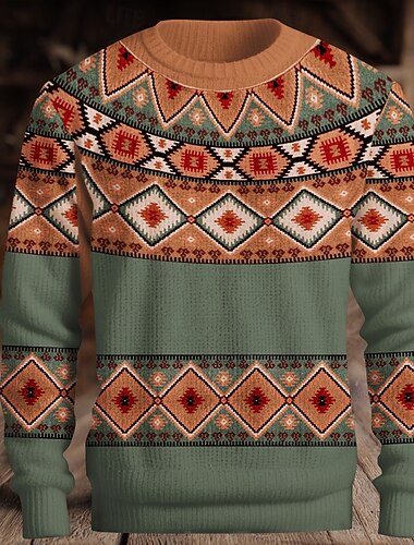  Jul Herre Fair Isle-genser Pullover genser Strikketøy Crewneck Fritid Feriereise Daglig 3D-utskrift Hold Varm Langermet Vår Høst Vinter Blå Oransje Brun