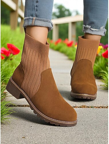  Women's Light Brown Faux Suede Ankle Boots with Ribbed Knit Shaft – Cozy Autumn Winter Chelsea Style Boots for Casual Outfits