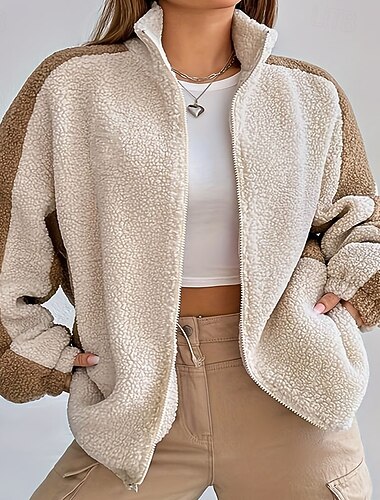  Women's Zip Up Sweatshirts Plain Warm Casual Long Sleeve High Neck Regular Tops Street Casual Patchwork Zipper Beige Fall Winter
