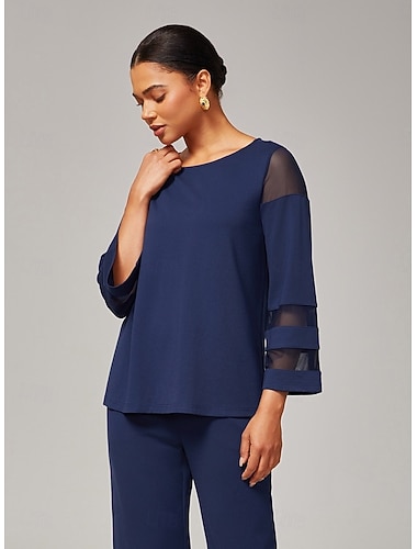  Elegancki damski top w kolorze ciemnoniebieskim z modalu z prześwitującymi rękawami z szyfonu, stylowy, lekki, wygodny, na co dzień, do pracy, na wieczór, na jesień